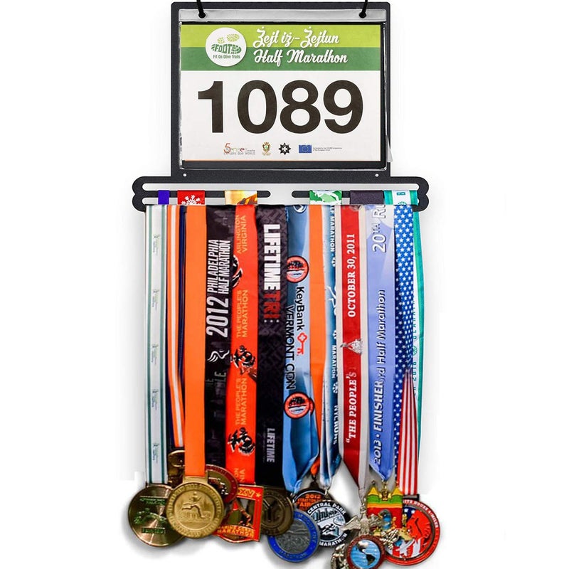 Jolitac Sports Medal Awards Display Rack Wall Mounted Marathon Medals Hanger Holder for 60+ Medals 100 Runner Race Bibs 20 Bibs Flip Vinyl Sleeves (Original) - Image 1
